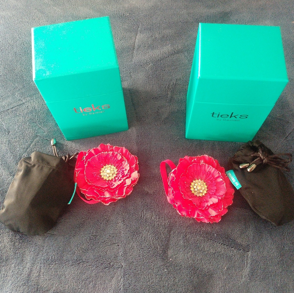 Two Empty Tieks Boxes, shoe bags, and flower toppers